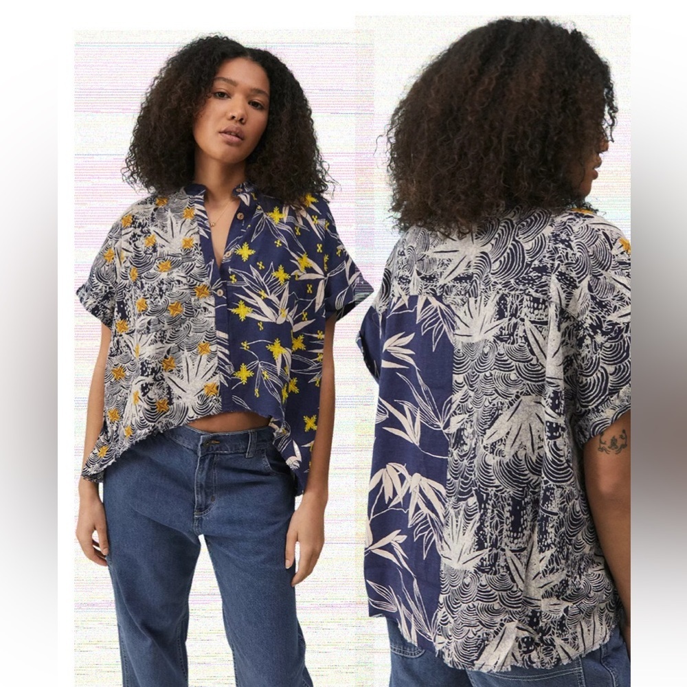 URBAN OUTFITTERS women’s M short  sleeve boxy blouse with embroidery and raw hem